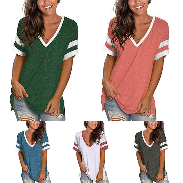 Women's Casual T-Shirt V-Neck Short Sleeve Splicing Tops Split Hem Summer Basic