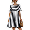 Women Fashion Skirt Striped Printed Short Sleeve Round Neck Casual Dress Ruffles