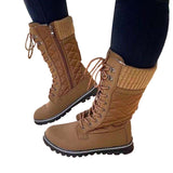 Womens Solid Color Boots Side Zip Lace Up Flat Mid Calf Winter Warm Casual Boots