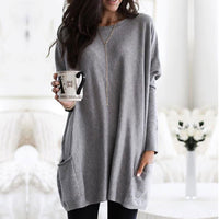 Womens Casual Long Sleeve Pocket T Shirt Loose Solid Color Tunics Shirt Blouse Tops