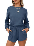Women Two Piece Tracksuit Set Knitted Long Sleeve Tops Shorts Fitness Loungewear