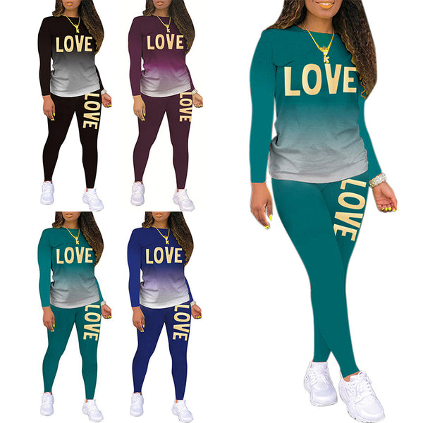 Women's Gradient Letter Print Round Neck Long Sleeve Suit Casual Two-piece Pants