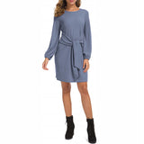 Women Solid Color Puff Sleeve Mini Dress Casual Loose Lace Up Pencil Tunic Dress