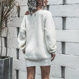 Women's Casual One Shoulder Knitted Mini Dress Puff Sleeve Short Sweater Dresses