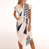 Women Casual Short Sleeve Midi Dress Ladies V-Neck Shirt Dress Sundress Lace Up