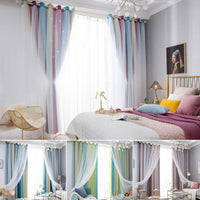 Double Layer Gradient Blackout + Sheer Curtains Starry Hollow-Out Stars Curtain Room Darkening Starry Curtain Eyelet Ring Top Window Drape for Kids Girls Children Bedroom Decor