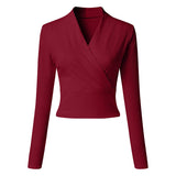 Women's Solid Color V Neck T-shirt Autumn Long Sleeve Pullover Knitted Slim Tops