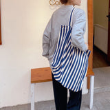 Striped Canvas Beach Tote Casual Daily Travel Shoulder Bag Handbag Shopping Bag