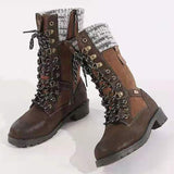 Womens Mid Calf Combat Boots Round Toe Lace up Low Heel Casual Motorcycle Shoes