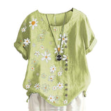 Women Crew Neck T-Shirt Daisy Printing Ruffles Short Sleeve Top Blouse Pullover