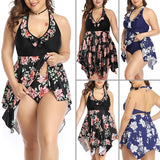 Women Plus Size Floral Swimdress Swimming Costumes Two Piece Swimwear Swimsuit for Ladies, Halterneck Bathing Suit Beachwear Push Up Padded Bra Backless Tummy Control