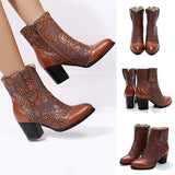 Women Vintage Chunky Block High Heel Ankle Boots Zipper Flower Print Anti Slip Comfy Shoes