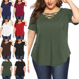 Women V-Neck Solid Color Short Sleeve Casual Blouse Pullover T-Shirt Plus Size