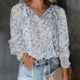Women's Floral Print V Neck Blouse Shirts Loose Fit Long Lantern Sleeve T Shirts Pullover Tops