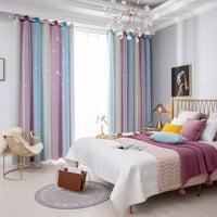 Double Layer Gradient Blackout + Sheer Curtains Starry Hollow-Out Stars Curtain Room Darkening Starry Curtain Eyelet Ring Top Window Drape for Kids Girls Children Bedroom Decor