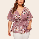 Womens Sexy Floral Printed Short Sleeves Tops T-Shirt Blouses Pullover Oversized