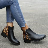 Women's Leopard Stitching Casual Ankle Boots Zip Round Toe Chunky High Top Shoes