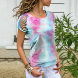 Tie Dye strapless Ripped T-shirt Tee Hipster Fashion Festival Grunge Rainbow Top