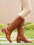 Women's Fashion Embroidery Western Chunky Pointed Toe Mid Calf Boots