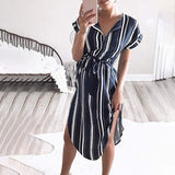 Women Casual Short Sleeve Midi Dress Ladies V-Neck Shirt Dress Sundress Lace Up