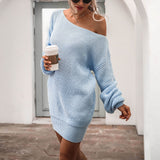 Women's Casual One Shoulder Knitted Mini Dress Puff Sleeve Short Sweater Dresses