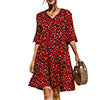 Ladies V-neck Flared Short Sleeves Cake Splicing Color Printed Casual Midi Dress