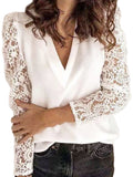Womens V-Neck Lace Stitching Long Sleeve Casual Pullover Tops Blouse Basic Shirt