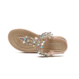 Women's Flat Sandals T-Strap Boho Style Rhinestone Flower Bead Summer Sandals