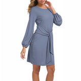 Women Solid Color Puff Sleeve Mini Dress Casual Loose Lace Up Pencil Tunic Dress