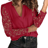 Womens V-Neck Lace Stitching Long Sleeve Casual Pullover Tops Blouse Basic Shirt