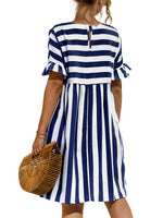 Women Fashion Skirt Striped Printed Short Sleeve Round Neck Casual Dress Ruffles