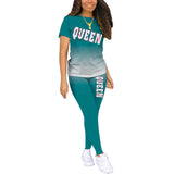 Women Gradient Color Pajamas Set Short Sleeve Tops Leggings Homewear Loungewear
