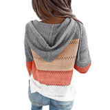 Women Stitching Striped Hooded Long Sleeve Hoodies Sweater Pullover Top Cardigan