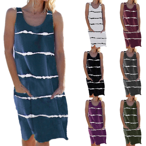Women Striped Beach Slip Skirt Knee Length Sleeveless Round Neck Dress Plus Size