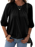 Women Solid Color Crew Neck Ruched 3/4 Sleeve Tops T-Shirt Blouse Pullover Tee