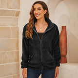 Women Zip Jacket Long Sleeves Lapel Collar Solid Color Warm Thicken Woolen Coat