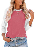 Women Color Matching Crew Neck 3/4 Sleeve T-Shirt Pullover Blouse Tops Tunic Tee