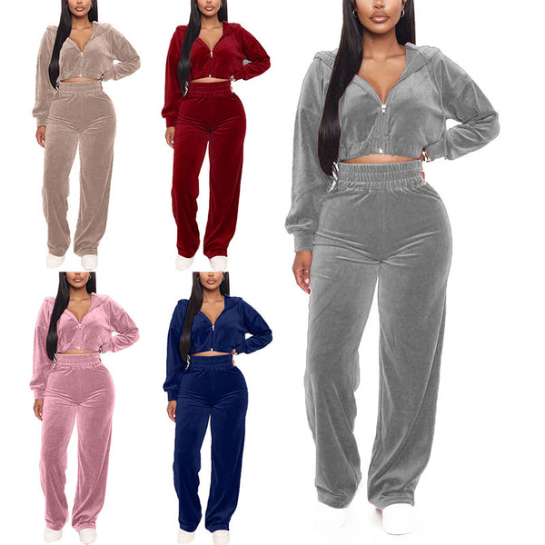 Women Two Piece Velvet Tracksuit Set Hooded Coat+Pants Sports Fitness Loungewear