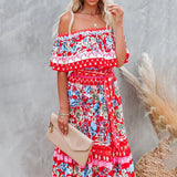 Women Casual Slim Fit Off Shoulder Maxi Dress Summer Beach Short Sleeve Sundress