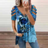 Women Hollow Floral Printed Tops Casual Short Sleeve Shirt Blouse Pullover Tunic