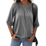Women Solid Color Crew Neck Ruched 3/4 Sleeve Tops T-Shirt Blouse Pullover Tee