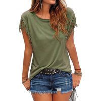 Plus Size Women Summer Short Sleeve Tassel Casual Tops Blouses Solid T-Shirt Bodycon Scoop Neck Shirt
