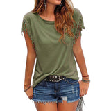 Plus Size Women Summer Short Sleeve Tassel Casual Tops Blouses Solid T-Shirt Bodycon Scoop Neck Shirt