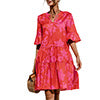 Ladies V-neck Flared Short Sleeves Cake Splicing Color Printed Casual Midi Dress