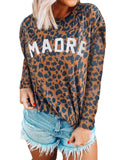 Women's Leopard Letter Print Sweater Long Sleeve Scoop Neck Tops Pullover Blouse