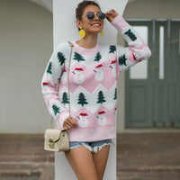 Women Crew Neck Long Sleeve Christmas Snowman Tree Knitted Sweater Pullover Jumper Tops Ladies Crew Neck Casual Knitwear Top