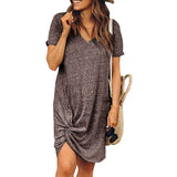 Womens Solid Color Knot Dress Short Sleeve V Neck Shirt Casual Knee Length Dress