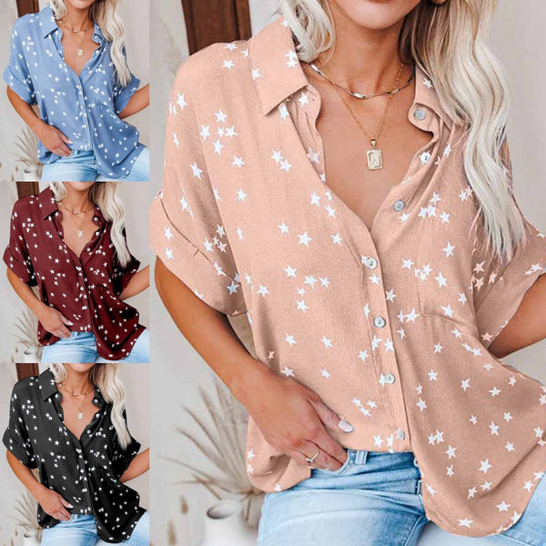 Women's Star Printed Button Up Shirt Lapel V-neck Bat Short-sleeve Blouse Shirt