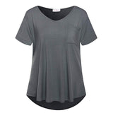 Women Casual Oversized V Neck Short Sleeves Tops T-Shirt Blouses Pullover Pocket