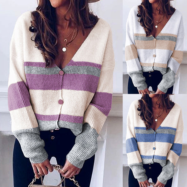 Women Long Sleeve Patchwork Knitted Cardigan Sweater Outwear Coat Jacket Buttons